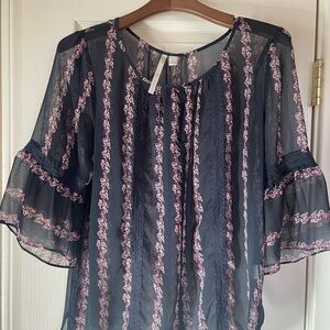 LC Lauren Conrad Blue and Pink Ruffled Bell Sleeve Top